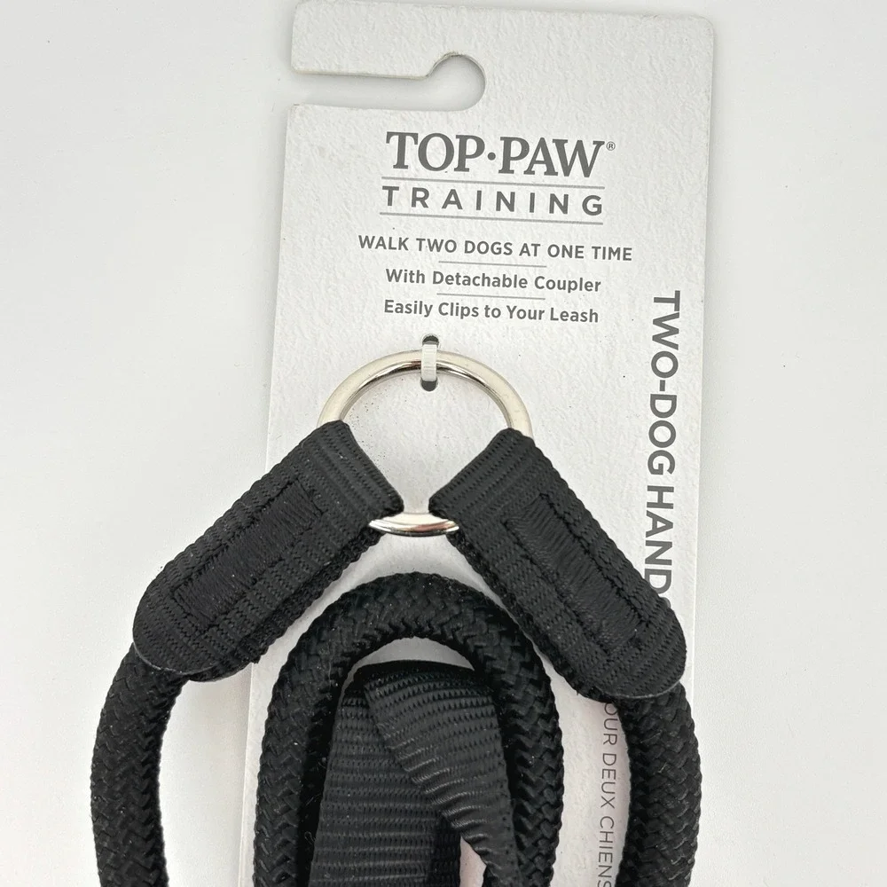 Top Paw Training Black Hands-Free Two-Dog Coupler Leash Attachment Rope NWT